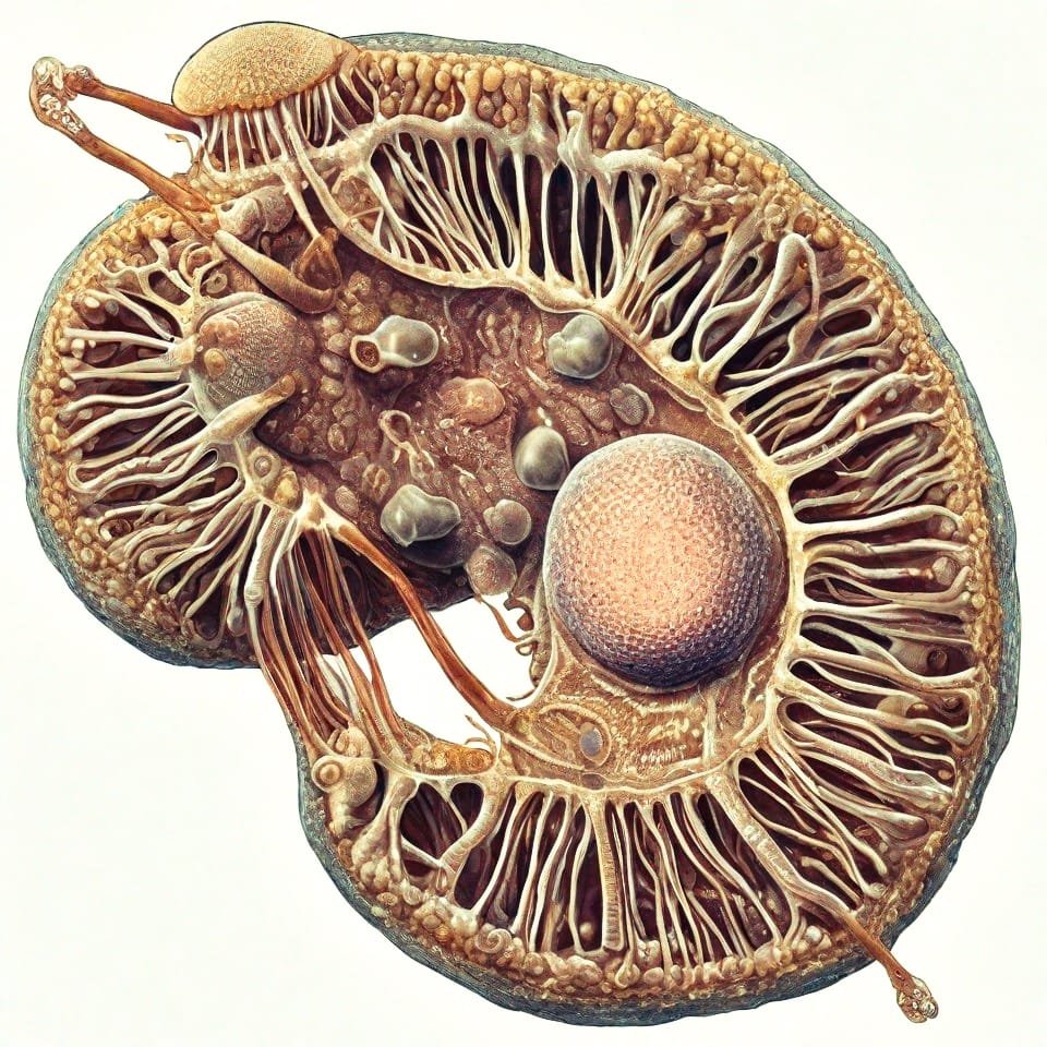 A scientific illustration of Blastocystis hominis, a microscopic single-celled parasite, showing its detailed structure and features