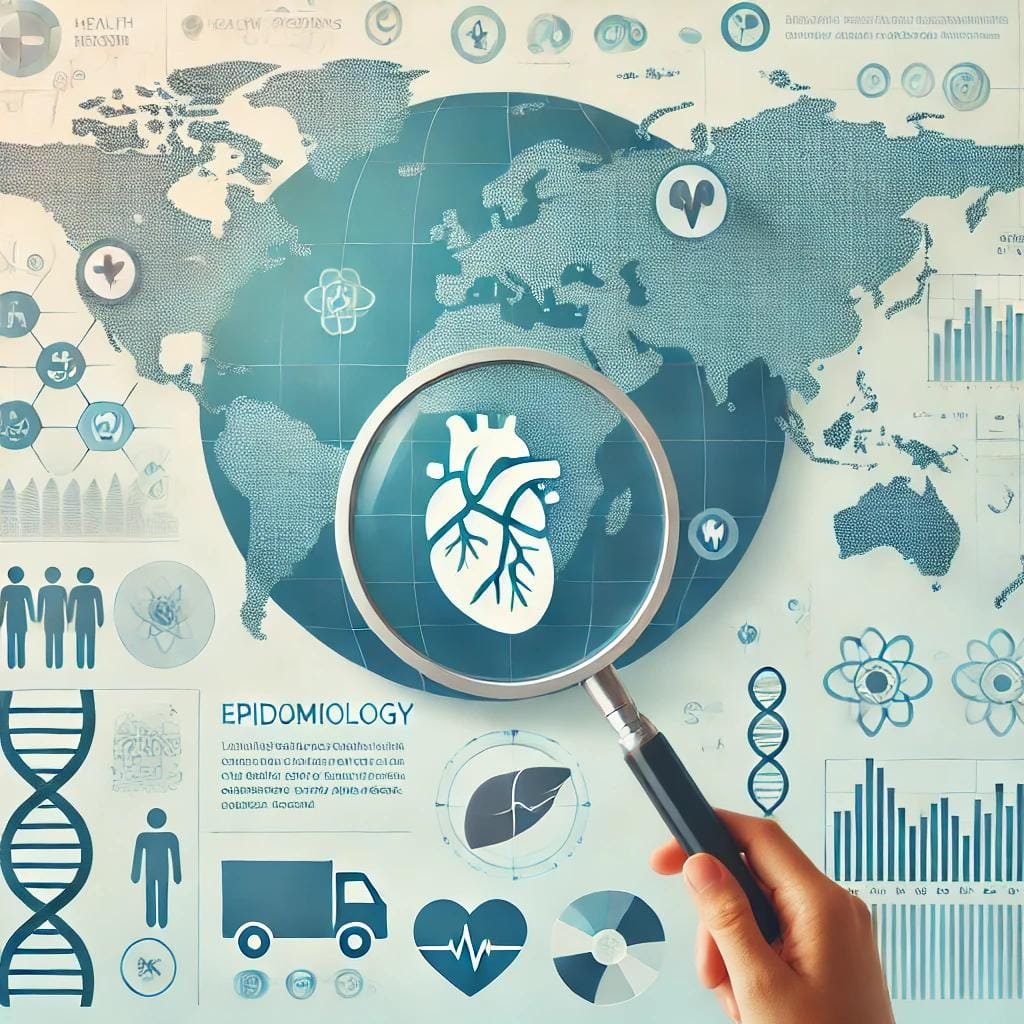 An informative image showcasing a magnifying glass over a map, highlighting global regions with icons of health-related events such as a heart, lungs, and DNA strand, reflecting the study of disease patterns and public health.